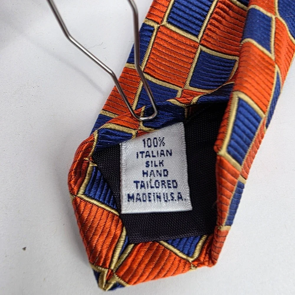 Paul Fredrick‎ Geometric Silk Necktie Mens Orange Blue Check Pattern